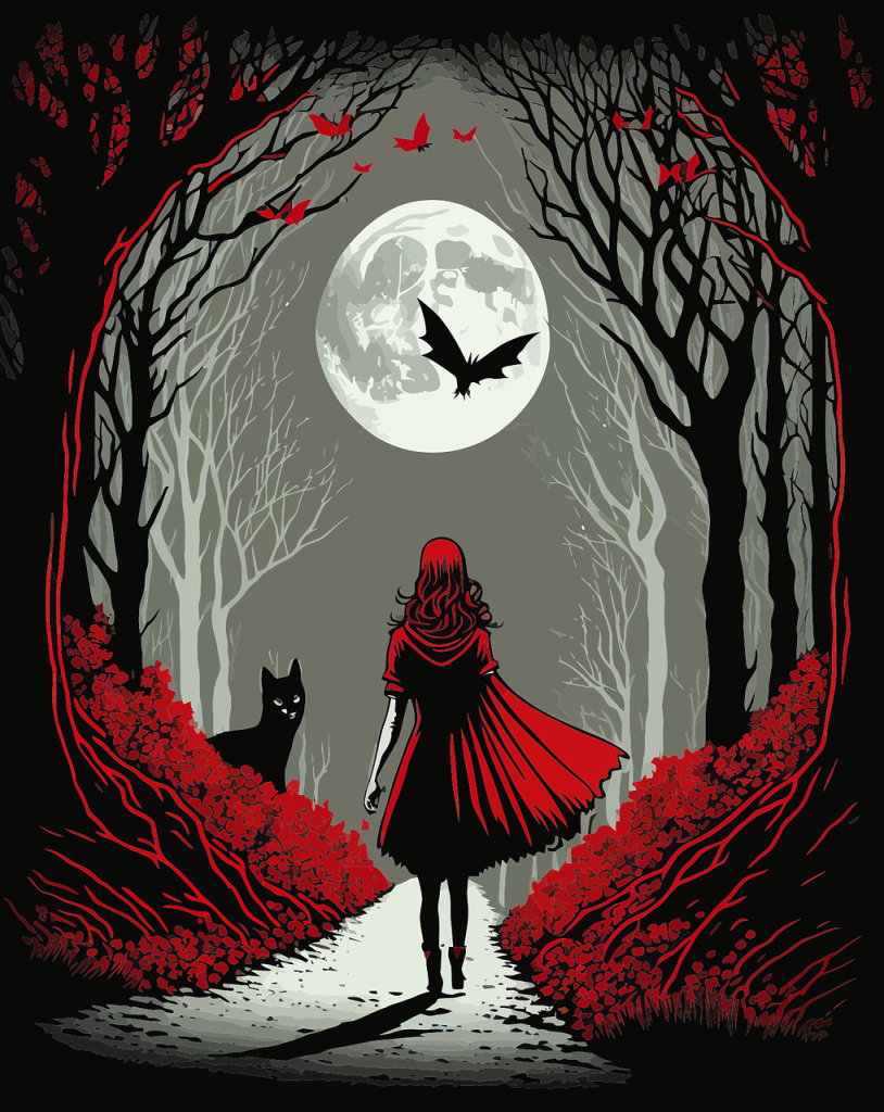 Red, black and grey illustration of Little Red Riding Hood walking through the woods
